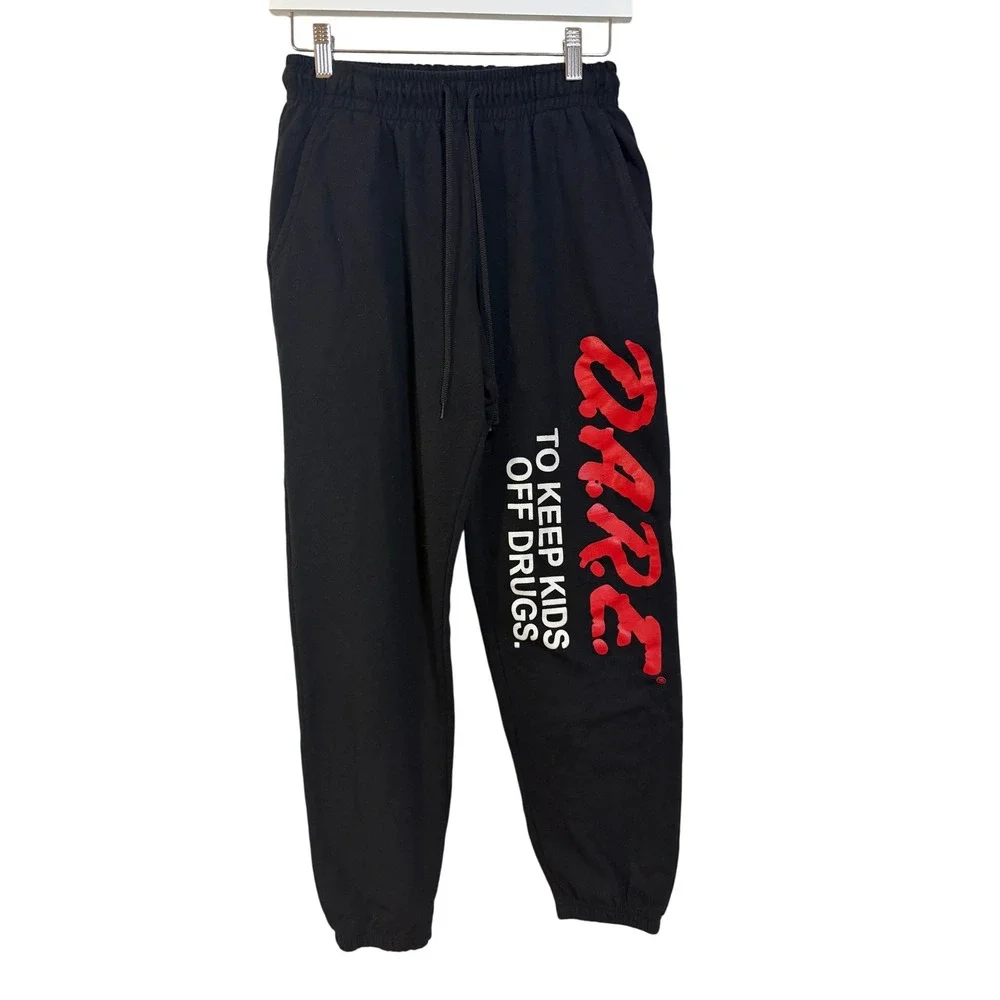DARE Sweatpants Kids Medium Black Graphic Logo Elastic VTG 90s Streetwear Retro